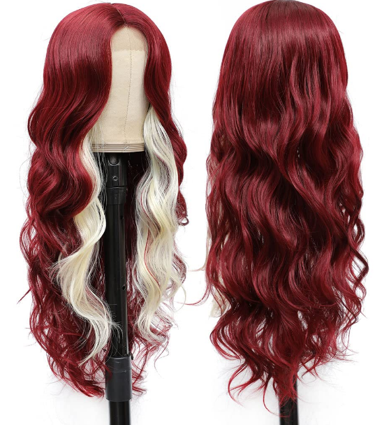Synthetic Heat Resistant 28" Body Wave Blonde/Burgundy Streak Wig image 1