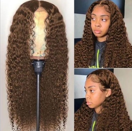 Brown Water Wave  4X4 Lace T Part Pre Plucked Wig image 0