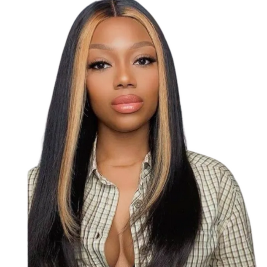 Blonde Streak Straight T-Part Human Hair 150% Density image 0