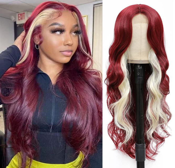Synthetic Heat Resistant 28" Body Wave Blonde/Burgundy Streak Wig image 0
