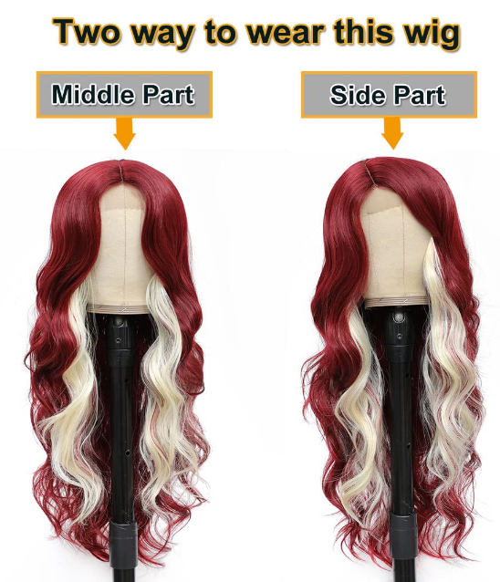 Synthetic Heat Resistant 28" Body Wave Blonde/Burgundy Streak Wig image 3