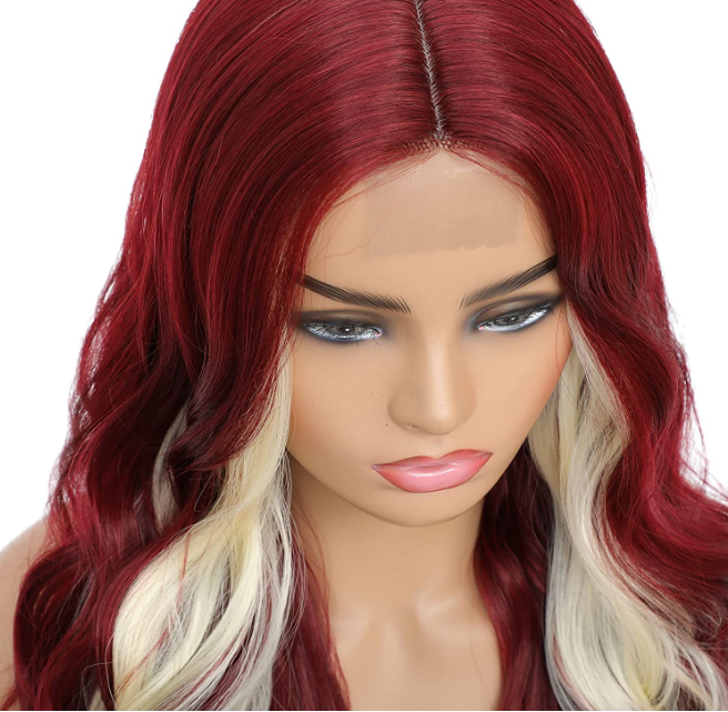 Synthetic Heat Resistant 28" Body Wave Blonde/Burgundy Streak Wig image 2