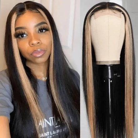 Blonde Streak Straight T-Part Human Hair 150% Density image 1